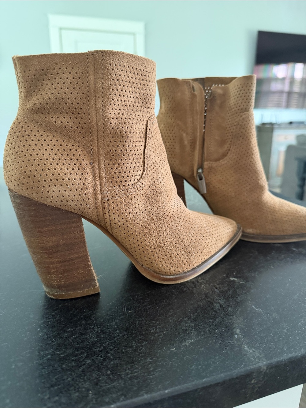 Vince Camuto Perforated Suede Tan Block Heel Ankle Booties